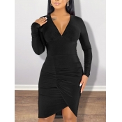 Lovely Sweet V Neck Fold Design Black Knee Length 
