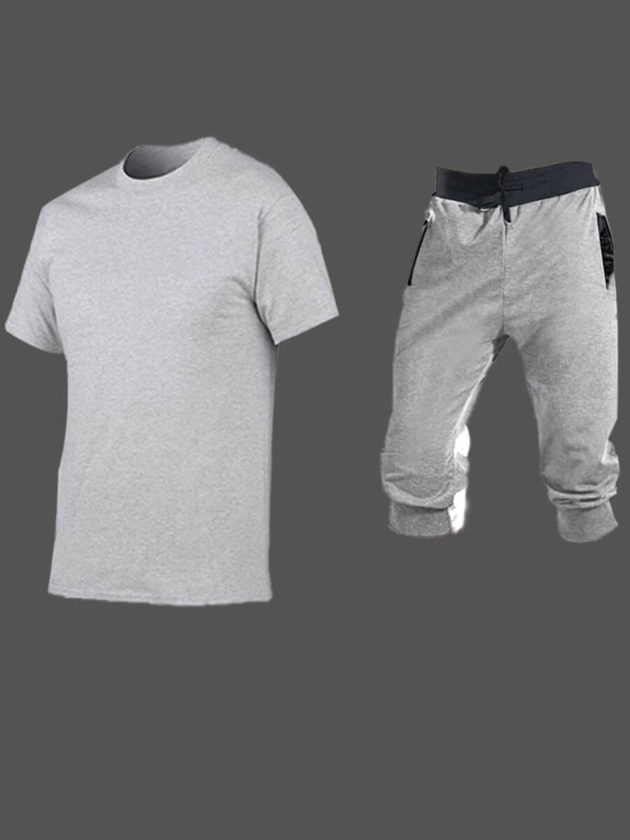 LW Men Casual O Neck Patchwork Grey Two Piece Shorts Set