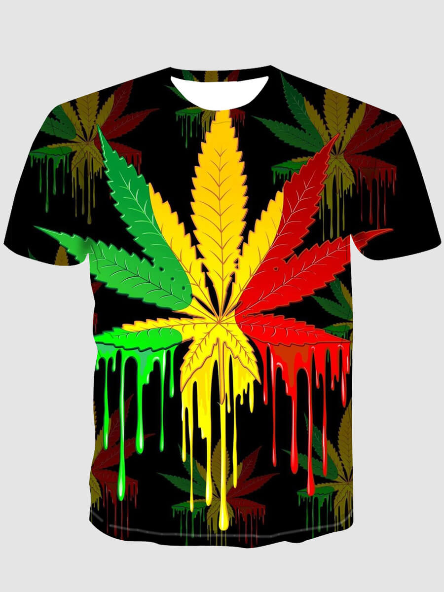 LW Men Casual O Neck Leaf Print Multicolor T-shirt