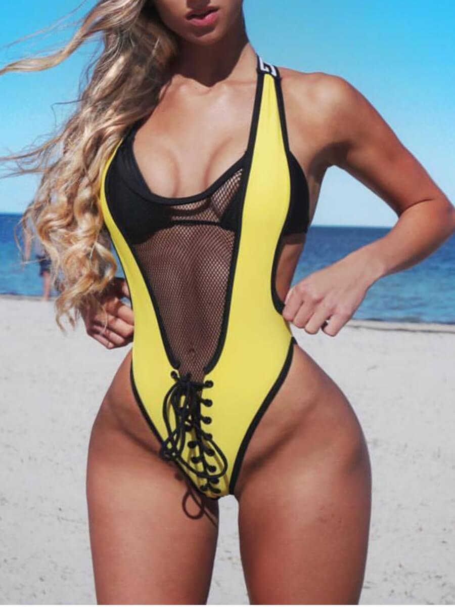 LovelyWholesale Plus Size SXY Backless Bandage Design Mesh Patchwork Yellow One-piece Swimsuit Summer Vacation Basic U Neck  3X Spring Summer 2024