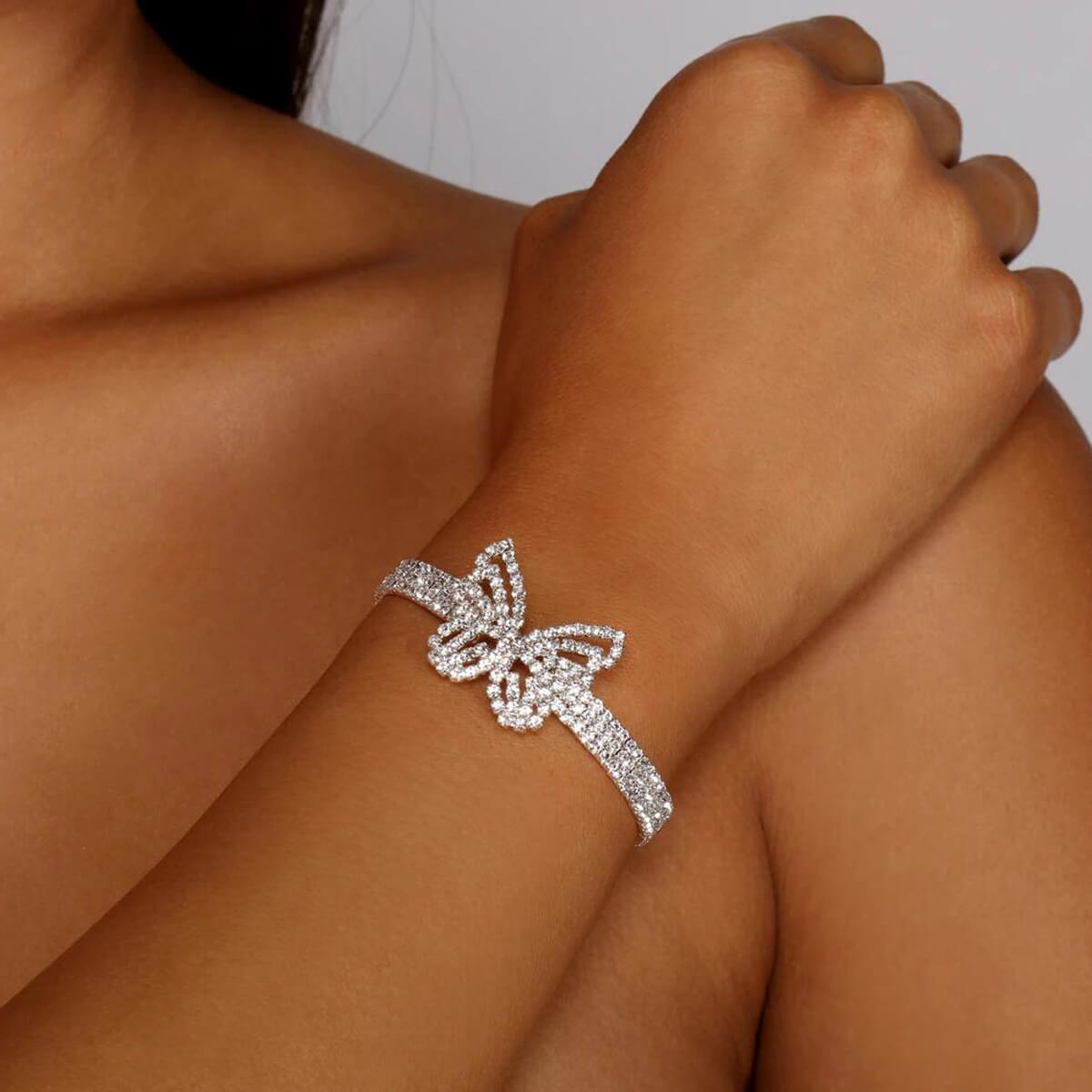 LovelyWholesale Sweet Sequined Butterfly Silver Bracelet All Seasons Casual Basic Spring Summer 2024