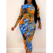 Lovely Casual Half A Turtleneck Tie-dye Blue Knee 