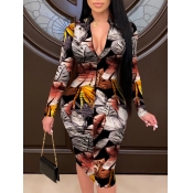 Lovely Street Leaf Print Patchwork Black Knee Leng