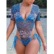 Lovely Casual See-through Lace-up Blue One-piece S