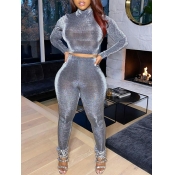 Lovely Party Turtleneck Sequined Grey Two Piece Pa