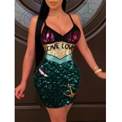 Lovely Sexy Sequined Letter Print Green Mini Eveni