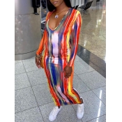 Lovely Casual V Neck Tie-dye Orange Ankle Length D
