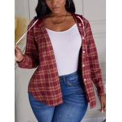 Lovely Casual Hooded Collar Plaid Print Red Coat