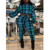 Lovely Casual O Neck Plaid Print Blue Two Piece Pa