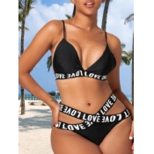 Lovely Sexy Letter Print Hollow-out Black Two-piec
