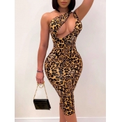 LW SXY One Shoulder Leopard Print Hollow-out Brown