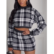 Lovely Sweet Plaid Print Patchwork Black Two Piece