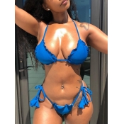Lovely Sexy Lace-up Flounce Design Blue Two-piece 