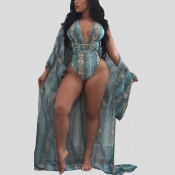 Lovely Casual Lace-up Print Patchwork Green One-pi