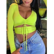 Lovely Chic Drawstring Hollow-out Green T-shirt