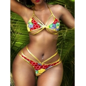 Lovely Sexy Geometric Print Hollow-out Red Two-pie
