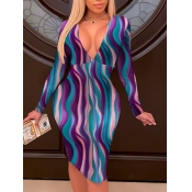 Lovely Party V Neck Water Wave Print Blue Knee Len