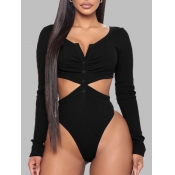 Lovely Sexy Button Design Hollow-out Black Bodysui