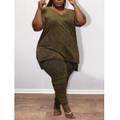 Lovely Plus Size Casual V Neck Green Two-piece Pan
