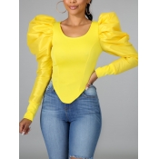 Lovely Casual Hubble-bubble Sleeve Patchwork Yello
