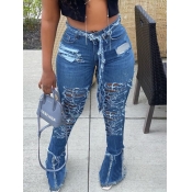 Lovely Street Flared Ripped Raw Edge Deep Blue Jea