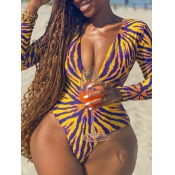 LW Sexy Deep V Neck Print Patchwork Yellow One-pie
