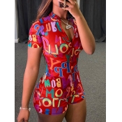 Lovely Party Mandarin Collar Letter Print Red One-
