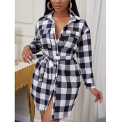 Lovely Sweet Plaid Print Lace-up Pocket Design Bla
