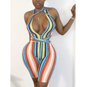 LW SXY Party Backless Striped Lace-up Blue One-pie