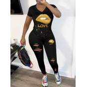 Lovely Casual V Neck Lip Print Black Two Piece Pan
