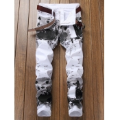 Lovely Men Casual Mid Waist Tie-dye White Jeans