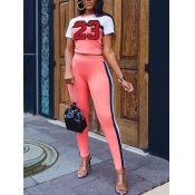 Lovely Sweet Letter Print Striped Patchwork Pink T