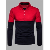 Lovely Men Work Turndown Collar Patchwork Red Polo