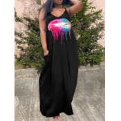 LW Casual Spaghetti Strap Lip Print Black Floor Le