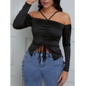LW Casual Bateau Neck Drawstring Design Black T-sh