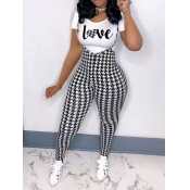 LW BASIC Plus Size Casual O Neck Letter Plaid Prin