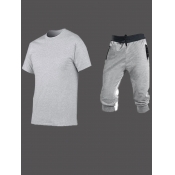 LW Men Casual O Neck Patchwork Grey Two Piece Shor