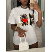 LW Casual Leopard Heart-shaped Print White T-shirt