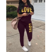 Lovely Casual O Neck Letter Print Purple Two Piece