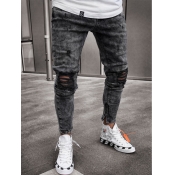 Lovely Men Casual Mid Waist Broken Holes Black Jea
