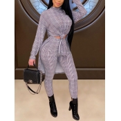 LW Half A Turtleneck Plaid Print Split Pants Set