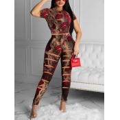 Lovely Casual O Neck Cobra Print Broken Holes Red 