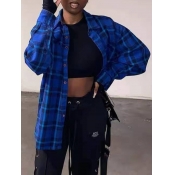 LW Casual Turndown Collar Plaid Print Blue Jacket