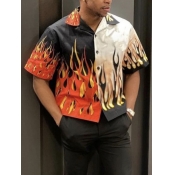Lovely Men Casual Turndown Collar Print Patchwork 