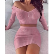 LW Casual V Neck Elastic Pink Two Piece Skirt Set