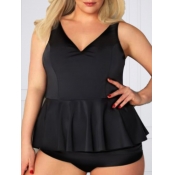 Lovely Casual V Neck Flounce Design Black Plus Siz
