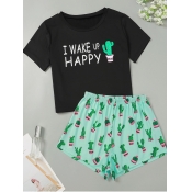 Lovely Casual O Neck Letter Print Black Sleepwear