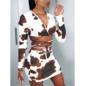 LW Crop Top Cow Grain Bandage Design Skirt Set