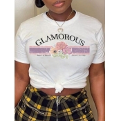 LW Casual Floral Letter Print White T-shirt