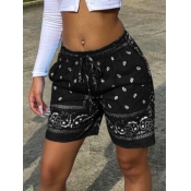 Lovely Casual Mid Waist Print Drawstring Black Sho